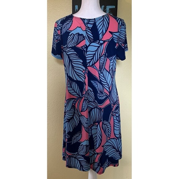 Ivy Lane Tropical Blue & Pink Shift Dress L Metal RIngs Keyhole Short Sleeve - Picture 5 of 8